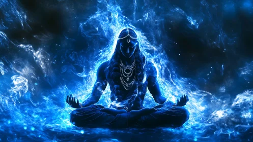 Blue ethereal deity in lotus pose within swirling energy.