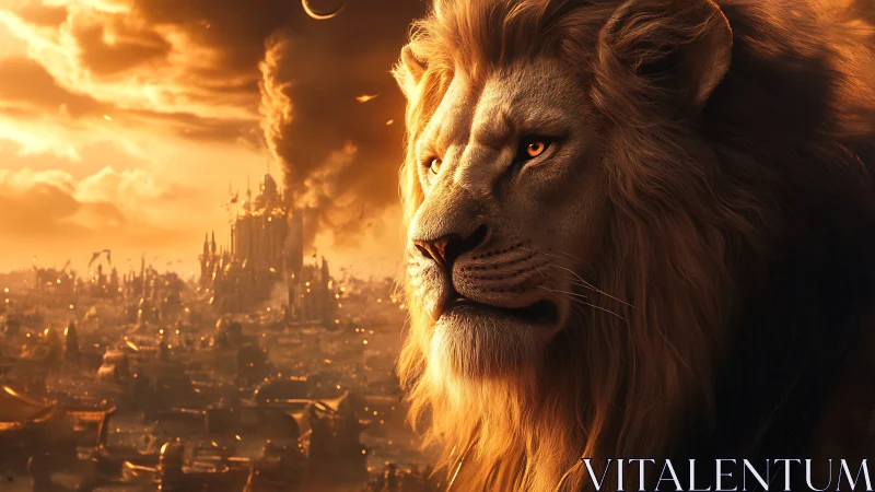 Lion head rendered over burning fantasy city at sunset