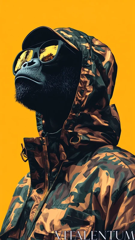 Stylized gorilla wears camo jacket and mirrored sunglasses
