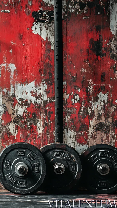 Weathered gym weights against bold rustic red backdrop.