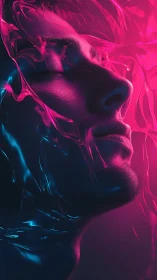 Neon-lit profile portrait with fluid iridescent overlays.