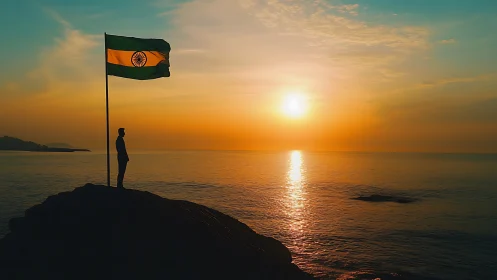 Silhouette honors Indian flag over glowing ocean sunset.