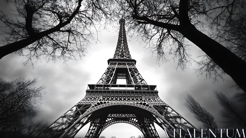 Monochrome Eiffel Tower shot from low-angle under bare trees