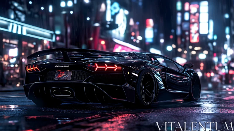 Wet neon boulevard supercar with angular aero detailing.