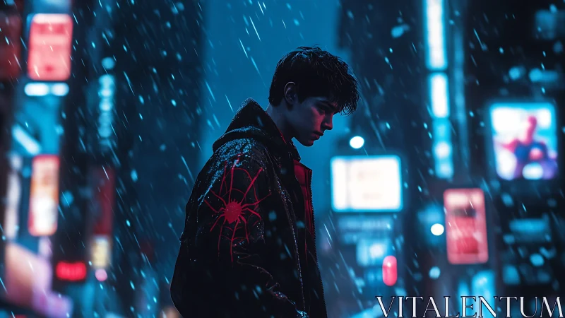 Neo-noir cyberpunk portrait in snowy neon cityscape focus.