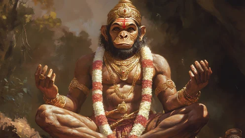 Meditating monkey deity radiates calm within forest shrine.