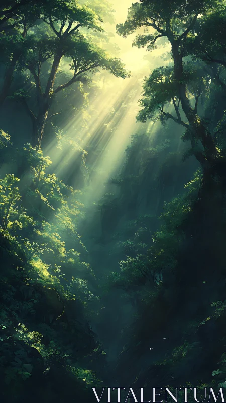 Forest canyon with atmospheric light rays penetrating dense canopy