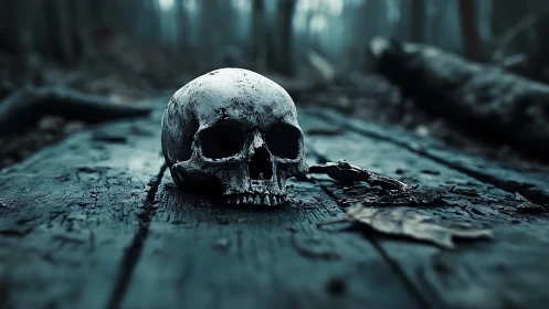 Human skull on decayed wood in dark misty forest scene.