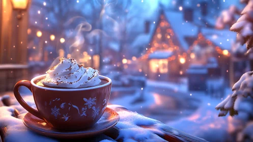 Steaming winter cocoa warms a snowy village evening scene.