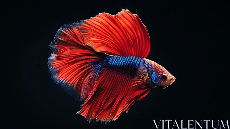 Radiant betta fish with flowing red fins on black background.