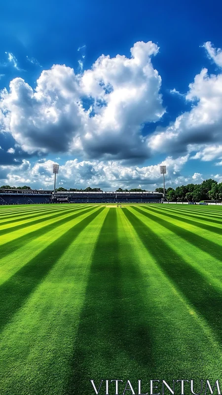 Symmetric cricket outfield under cumuliform sky perspective.