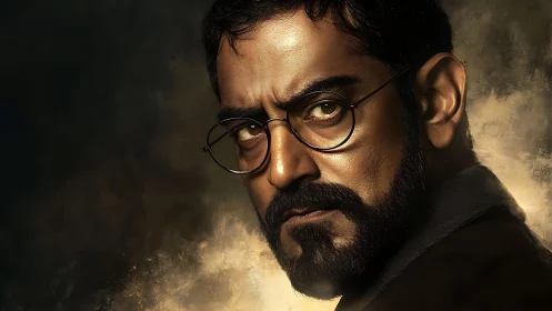 Intense bearded man portrait with round glasses focus.