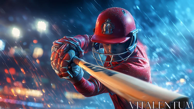 Focused batter swings in the rain under glowing stadium lights.