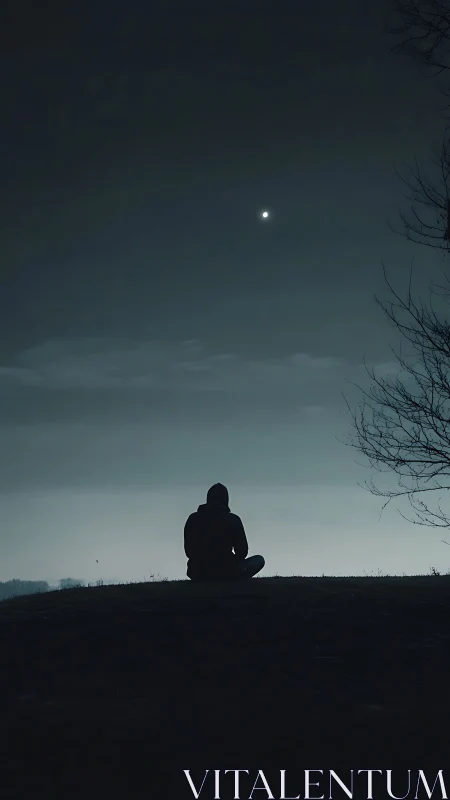 Solitary hooded figure seated under a distant night star.