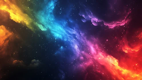 Multicolored nebula clouds stretch across deep star field