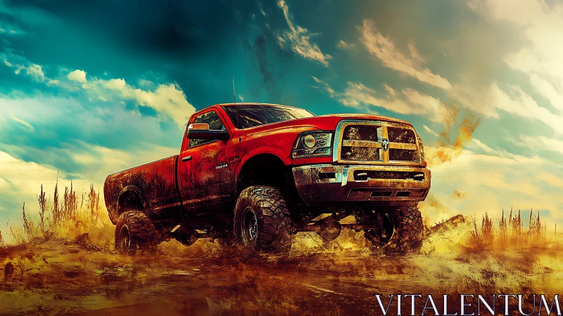 Red pickup truck on rugged dirt terrain under sky.