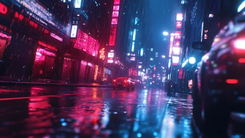 Neon‑lit rainy cyberpunk street with wet reflective asphalt