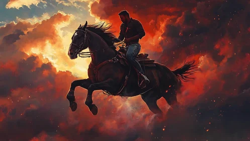 Rider on dark horse leaps through burning storm sky