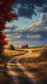 Curving dirt lane leads toward red barn under glowing sky