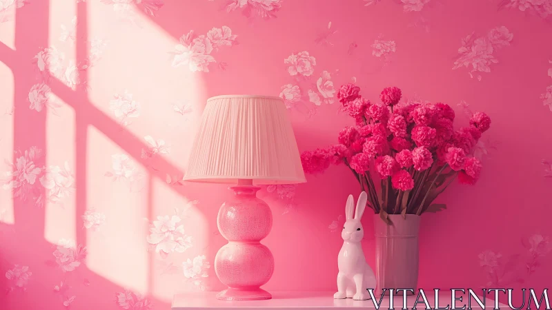 Cotton-candy corner glows with lamp, flowers and bunny charm.