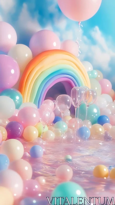 Pastel balloon landscape with arched rainbow structure.