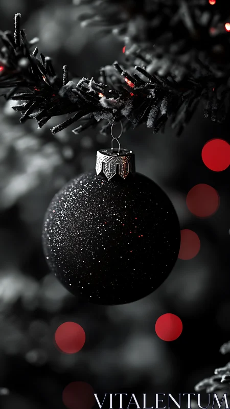 Black matte ornament glows against frosted pine bokeh.