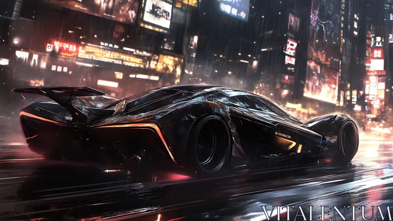 Night rain ignites a futuristic supercar in neon city streets