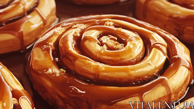 Close-up caramel glazed cinnamon rolls on tray surface.