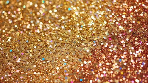 Macro bokeh field of reflective metallic gold hexagon glitter