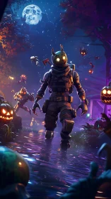Masked soldier stalks neon swamp under haunted harvest moon.