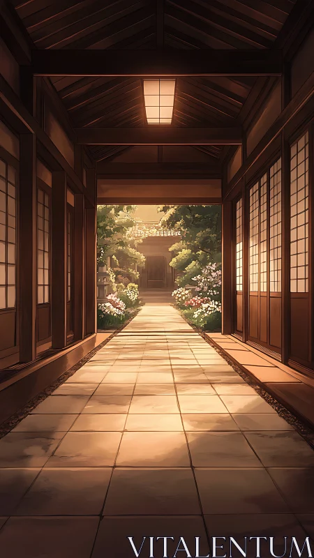 Sunlit Japanese corridor opens onto serene garden path