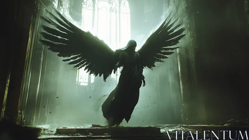 Dark winged angel descends through ruined cathedral light