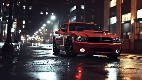 Midnight red muscle car paused on rain-glossed city streets.