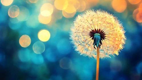 Luminous dandelion halo against dreamy bokeh twilight sky.