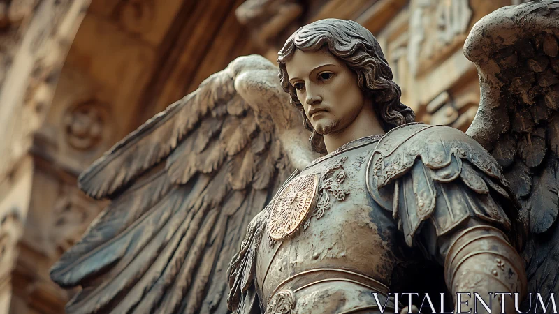 Stone winged warrior statue stands in architectural niche