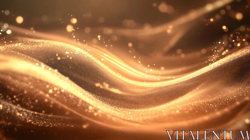 Abstract golden wave with sparkling particles, digital art style.
