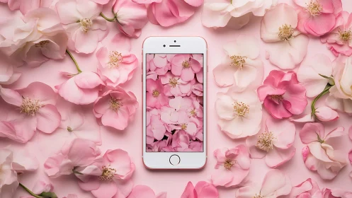 White iPhone displaying pink floral composition on matching background