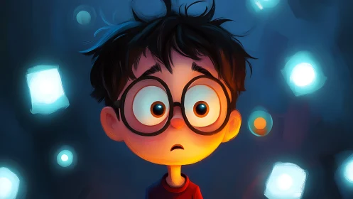 Wide-eyed cartoon boy amid luminescent floating data orbs.