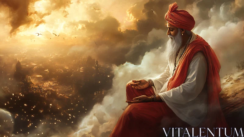 Elder mystic in red robes meditates above sunlit cloud cityscape