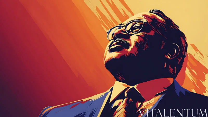 Vectorial low-angle portrait with triadic chromatic gradients.