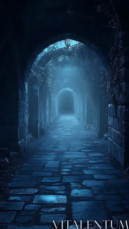 Moonlit stone corridor recedes into a mysterious blue haze