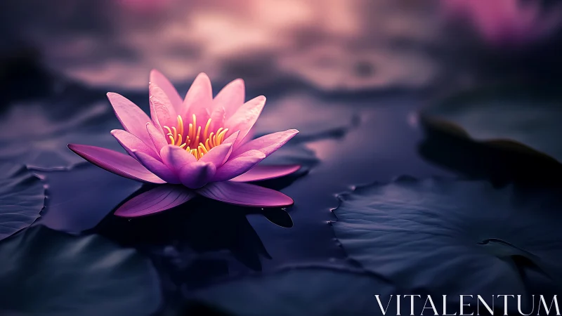 Pink lotus blooms over deep indigo water at twilight.