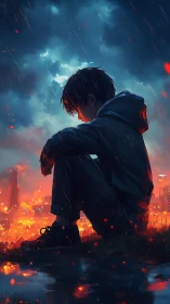 Solitary boy over burning city under stormy night rain.