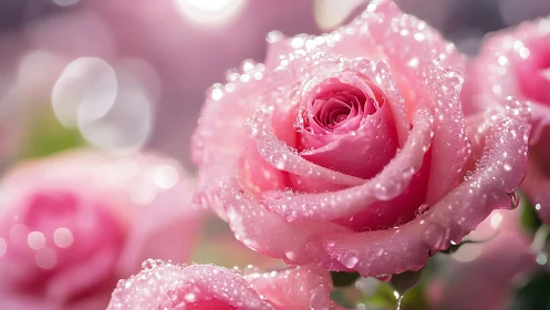 Pink Garden Rose with Water Droplets in Macro Detail.
