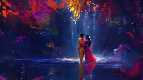 Couple in Enchanted Forest - Luminous Digital Fantasy Scene