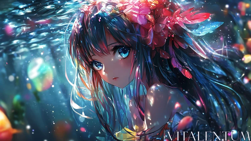 Dreamy underwater girl wrapped in glowing floral magic.