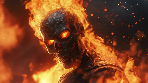 Incandescent flaming skull portrait with molten ocular cores.