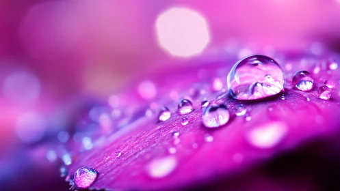 Macro view of water droplets on vivid pink flower petal.