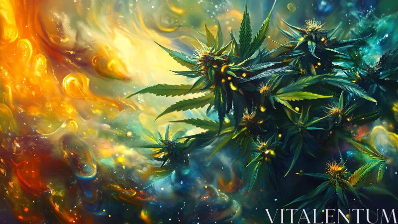 Cannabis plant cluster against abstract nebula backdrop.