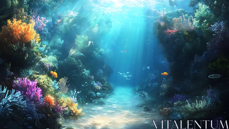 Underwater coral canyon with fish and filtered sunlight.